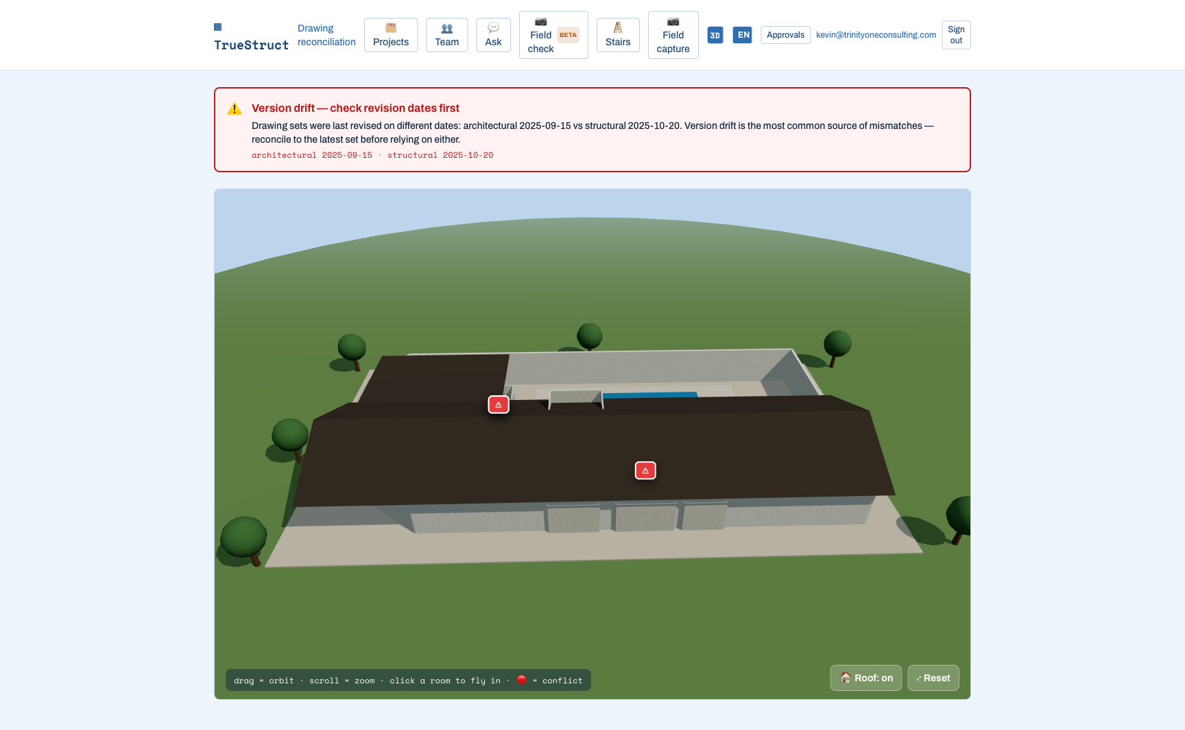 TrueStruct 3D mode — reconciled house with conflict pins in space